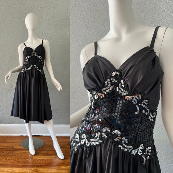Vintage 80s Black Strappy Sequin Taffeta Cocktail Full Sweep Prom Dress XS